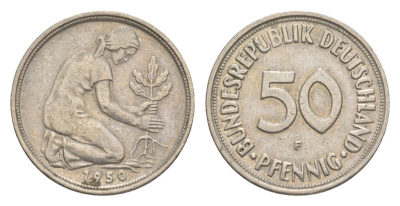 ФРГ 50 пфеннигов 1950 F KM 109.1, J. 384 медно-никель 4636-841