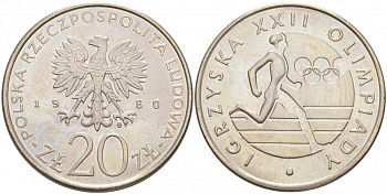Польша 20 злотых 1980 MW, XXII летние Олимпийские Игры, Москва 1980, бегун KM 108, Parchimowicz 252 медно-никель UNC 73-416