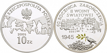 Польша 10 злотых 2005 MW, 60 лет окончания Второй мировой войны, голубь мира, цветная эмаль KM 554 серебро PROOF 1068-6-63