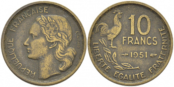 Франция 10 франков 1951 петух KM 915.1, Le Franc 363.4 алюминиевая бронза 112-1027