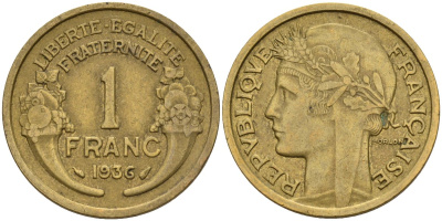 Франция 1 франк 1936 KM 885, Le Franc 219.2 алюминиевая бронза 4142-831