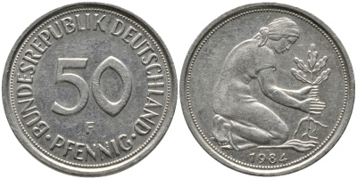 ФРГ 50 ПФЕННИГОВ 1984 F KM 109.2, J. 384 медно-никель 96-1226