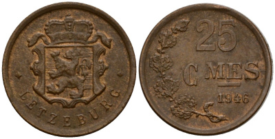 Люксембург 25 сантимов 1946 Шарлотта (1918-1964) KM 45 бронза 4115-1126