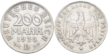 ГЕРМАНИЯ 200 МАРОК 1923 D KM 35, J. 304 алюминий 202-436