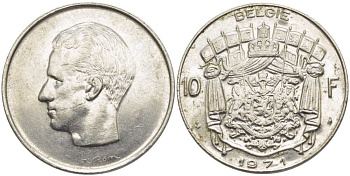 БЕЛЬГИЯ 10 ФРАНКОВ 1971 BELGIE, БОДУЭН I (1951-1993) KM 156.1 никель 115-642