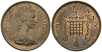 Великобритания 1 пенни 1977 Елизавета II (1952-2022) KM 915, Spink 4237 (B1) бронза 4539-942