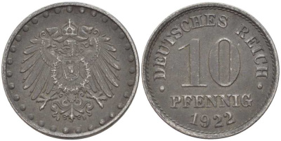 ГЕРМАНИЯ 10 ПФЕННИГОВ 1922 F KM 20, J. 298 железо 4401-123