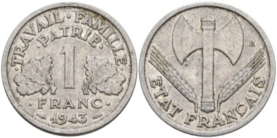 Франция 1 франк 1943 LB, тип Lourde, правительство Виши KM 902.1 алюминий 4142-933