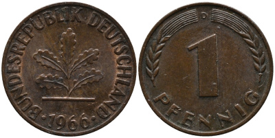 ФРГ 1 пфенниг 1966 D KM 105, J.380 сталь плакированная медью 99-258