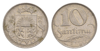 Латвия 10 сантимов 1922 год-тип KM 4 никель 4658-1227
