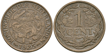 Нидерланды 1 цент 1925 Вильгельмина (1890-1948) KM 152 бронза 4576-1061
