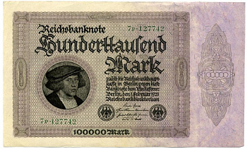 Германия 100000 марок 1923 1 февраля 1923, без Т под портретом Pick 83a бумага aUNC 451-176-1