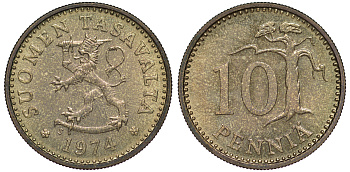 ФИНЛЯНДИЯ 10 ПЕННИ 1974 S KM 46 алюминиевая бронза 3334-1131