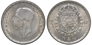 Швеция 2 кроны 1946 TS, Густав V (1907-1950) KM 815 серебро 4178-1346