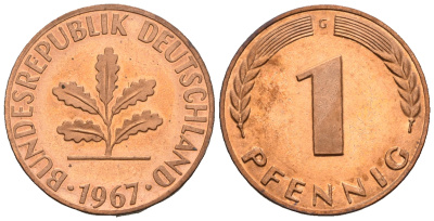 ФРГ 1 пфенниг 1967 G KM 105, J.380 сталь плакированная медью PROOF 1094-7-54