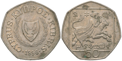Кипр 50 центов 1996 похижение Европы KM 66 медно-никель 4620-432
