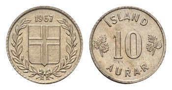 Исландия 10 эйре 1967 KM 10 медно-никель aUNC 4690-723