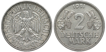 ФРГ 2 марки 1951 G J 386, KM 111 медно-никель плакированный никелем 72-224