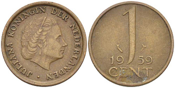 НИДЕРЛАНДЫ 1 ЦЕНТ 1959 ЮЛИАНА KM 180 бронза 66-863