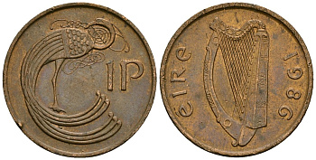 Ирландия 1 пенни 1986 мифологическая птица лира KM 20 бронза 4138-855