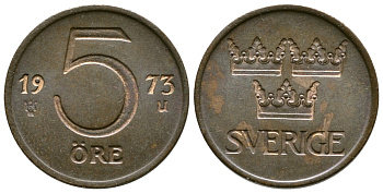 Швеция 5 эре 1973 U, Густав VI Адольф (1950-1973) KM 845 бронза 3458-144