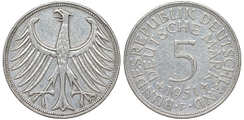 ФРГ 5 марок 1951 F, KM 112.1, J.387 серебро 4178-844