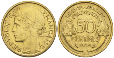 ФРАНЦИЯ 50 САНТИМОВ 1939 ТИП MORLON KM 894.1, LE FRANC 192.15 алюминиевая бронза 44-834