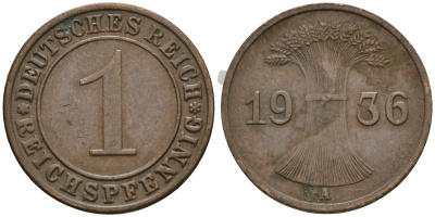 Германия 1 рейхспфенниг 1936 A KM 37, J. 313 бронза 4528-1065