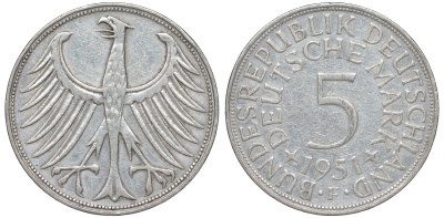 ФРГ 5 марок 1951 F, KM 112.1, J.387 серебро 4178-844