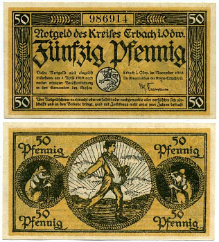 ЭРБАХ-ОДЕНВАЛЬД, ГЕРМАНИЯ 50 ПФЕННИГОВ 1918-1919 НОЯБРЬ 1918 - 1 АПРЕЛЯ 1919, НОТГЕЛЬД, ЗЕМЛЯ ГЕССЕН Grabowski E20.1 бумага UNC (ПРЕСС) 8613-16-2-1