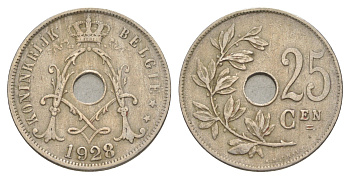 Бельгия 25 сантимов 1928 Belgie, Альберт I (1909-1934) KM 69 медно-никель 4619-555