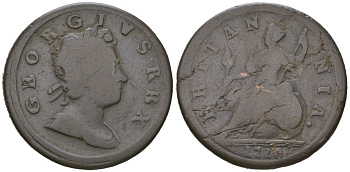 Великобритания 1/2 пенни 1718 Георг I (1714-1727) KM 549, Spink 3659 медь 4590-723