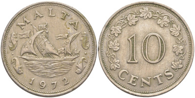 Мальта 10 центов 1972 баржа Великого магистра KM 11 медно-никель 3855-1112