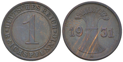 Германия 1 рейхспфенниг 1931 A KM 37, J. 313 бронза 4385-629
