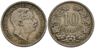Люксембург 10 сантимов 1901 Адольф (1890-1905) KM 25 медно-никель 4602-426