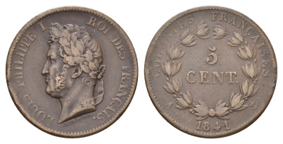 Французская Вест-Индия 5 сантимов 1841 Французские колонии, A, Луи-Филипп I (1830-1848) KM 12 бронза 413-6234