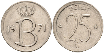 Бельгия 25 сантимов 1971 Belgie, Бодуэн I (1951-1993 KM 154.1 медно-никель 4564-142