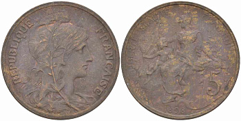 ФРАНЦИЯ 5 САНТИМОВ 1898 ТИП ДАНИЭЛЬ ДЮПЮИ KM 842, LE FRANC 119.5 бронза 108-812