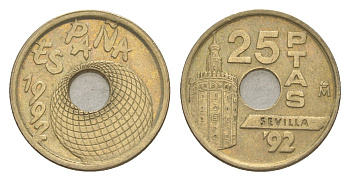 Испания 25 песет 1992 золотая башня в Севилье, EXPO 1992, Хуан Карлос I (1975-2014) KM 905 алюминиевая бронза 4647-1119