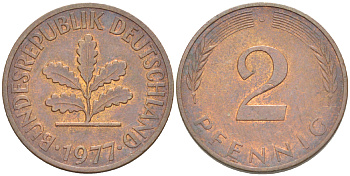 ФРГ 2 пфеннига 1977 J KM 106а, J.381а сталь плакированная медью 4181-823