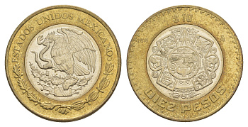 Мексика 10 песо 2010 Мо, бог Тонатиуха с огненной маской KM 616 биметалл aUNC 4637-727