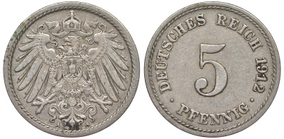 Германия 5 пфеннигов 1912 A, KM 11, J. 12 медно-никель 25-2452