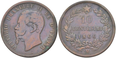 ИТАЛИЯ 10 ЧЕНТЕЗИМО 1866 M, МОНДВОР МИЛАН, ВИКТОР ЭММАНУИЛ II (1861-1878) KM 11.1 медь 4526-743