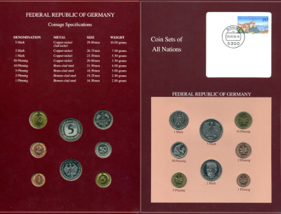 ФРГ набор из 8 монет 1986-1988 серия наборы мира, запайка в буклете с маркой    UNC  14-01-03-17