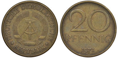 ГДР 20 пфеннигов 1971 А KM 11 латунь 62-1041