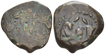 Иудея, династия Хасмонеев прута 64 - 40 гг. до н.э. Иоанн Гиркан II, легенда на иврите в пять строк 'Иоханан, Первосвященник и Глава Синедриона' в венке / два рога изобилия, гранатовый плод, Иерусалим Hendin 1159 медь 1073-21-24