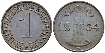 ГЕРМАНИЯ 1 РЕЙХСПФЕННИГ 1934 D KM 37, J. 313, Weege 2 бронза 4547-212