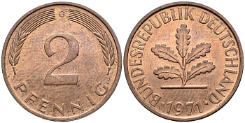 ФРГ 2 ПФЕННИГА 1971 G KM 106a, Jager 381a сталь плакированная сталь плакированная медьюю 4546-1017