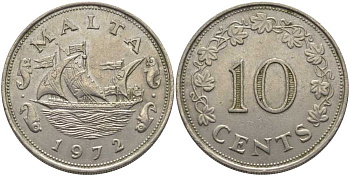 Мальта 10 центов 1972 баржа Великого магистра KM 11 медно-никель 109-1036