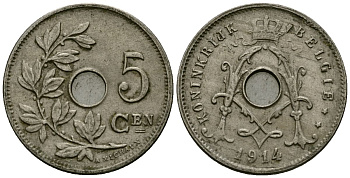Бельгия 5 сантимов 1914 Belgie KM 67 медно-никель 4173-212